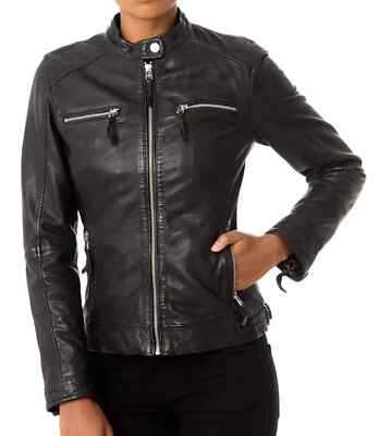 Designer Neu Damen Schwarz Lederjacke 100% Echt Lammleder Enganliegend Jacke