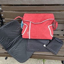 NWT Walla Boo Faux Suede Shearling Trim Baby Changing Bag Red With Mat etc