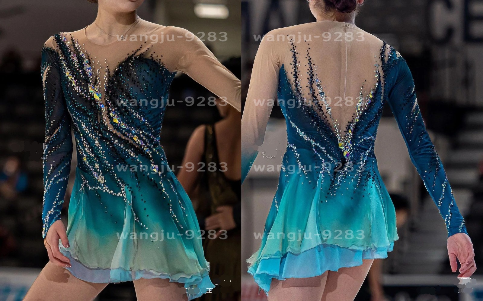 Ice skating dress Competition Figure Skating Twirling Costume green dyeing