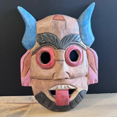 Vintage Thai Hand-Carved Wood Demon Mask - Hand-Painted Folk Art Global Deor - Image 1 of 4
