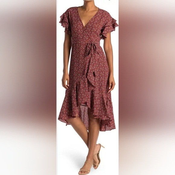 MAX STUDIO Red Floral Ruffle Sleeve Wrap Midi Peasant Boho Dress Womens Size M