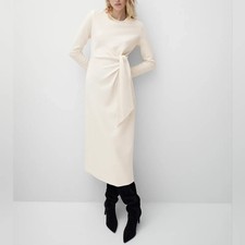 Massimo Dutti Ivory Long Sleeve Midi Dress S Small Knit Cotton Waist Knot FLAWS