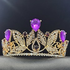 Handmade Gold Purple Crystal Butterfly Tiara Crown Pageant Prom Wedding Used
