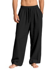 Mens Linen Rich Casual Trousers Loose Fit Summer Beach Cotton Pants Smart Work