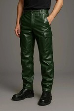 Men's Green Distressed Lambskin Leather Cargo Pants Genuine Leather Trousers