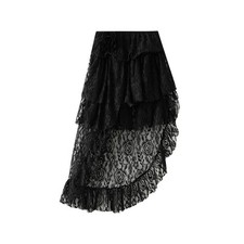 Ladies Irregular Lace Midi Skirt Casual Women Elastic Waist Ruffle Gothic Black