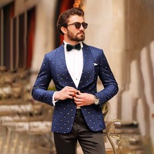 Mens Fancy Rhinestone Suit Shawl Lapel Jacket Solid Pant Slim Fit for Wedding