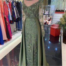 Custom Luxurious Olive Green Evening Dress Lace Long Sleeves Side Split Wedding