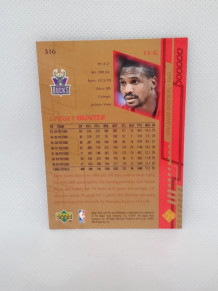 2001 1999-00 Upper Deck Gold Reserve Lindsey Hunter #316 - Image 2 of 2