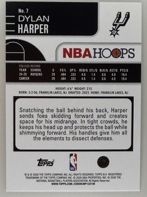 2025-26 Topps NBA Hoops Dylan Harper Rookie Spurs #7 | eBay