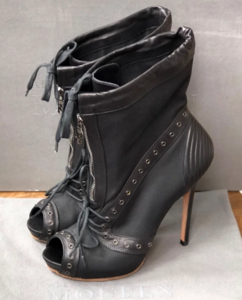Alexander McQueen — Alexander McQueen US 9 Black Leather Canvas Peep Toe Ankle Boots Skull 39