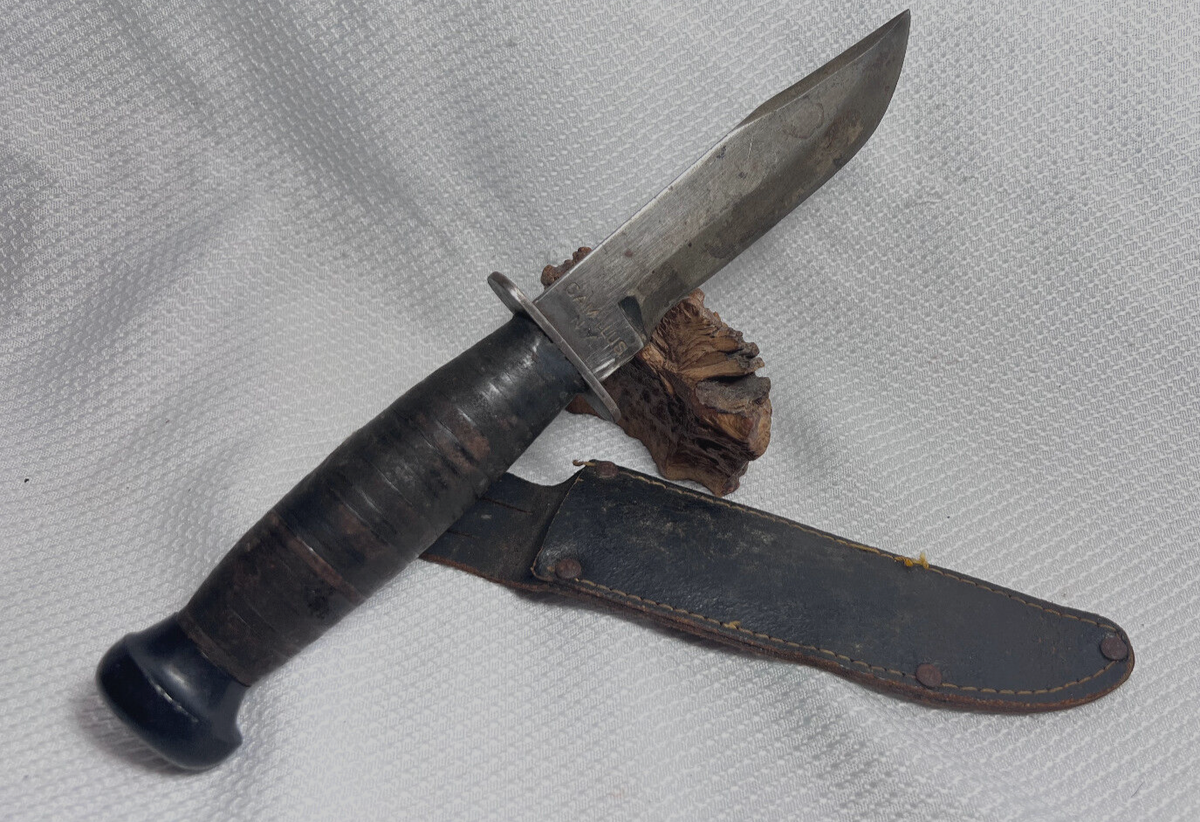 WW2 USN Camillus Stacked Leather Handle Fixed Blade Knife W