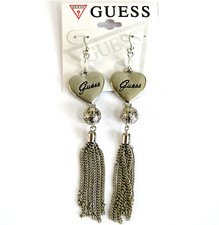 NEW GUESS CLEAR BEAD+SILVER TONE MULTI STRAND HEART EARRINGS+FISH HOOK BACK