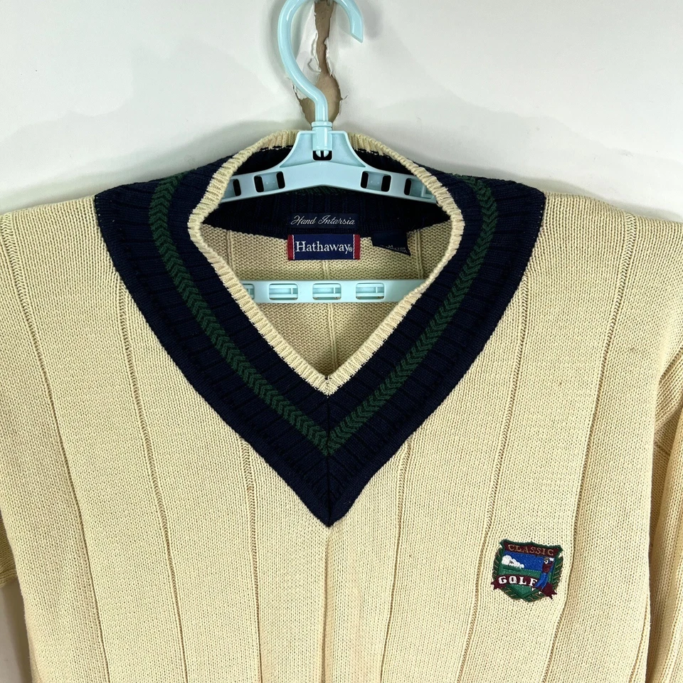 Suéter tejido de golf Hathaway cuello en V para hombre talla M marfil algodón acanalado Foto 4 de 4