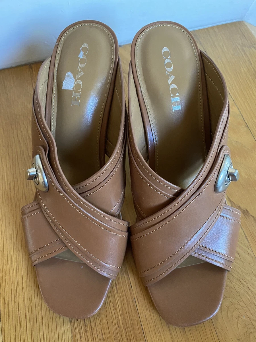 NEW COACH Saddle Brown Turnlock detail MEGGIE heeled sandals size