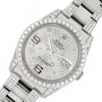 Rolex Datejust 36mm Silver Floral with Custom 5.9ct Diamond Bezel