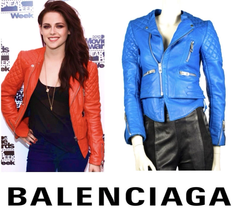Balenciaga 2013 Blue Leather Moto Biker Jacket 36 38 40 2 4 6 Coat Quilt M S - Image 4 of 4