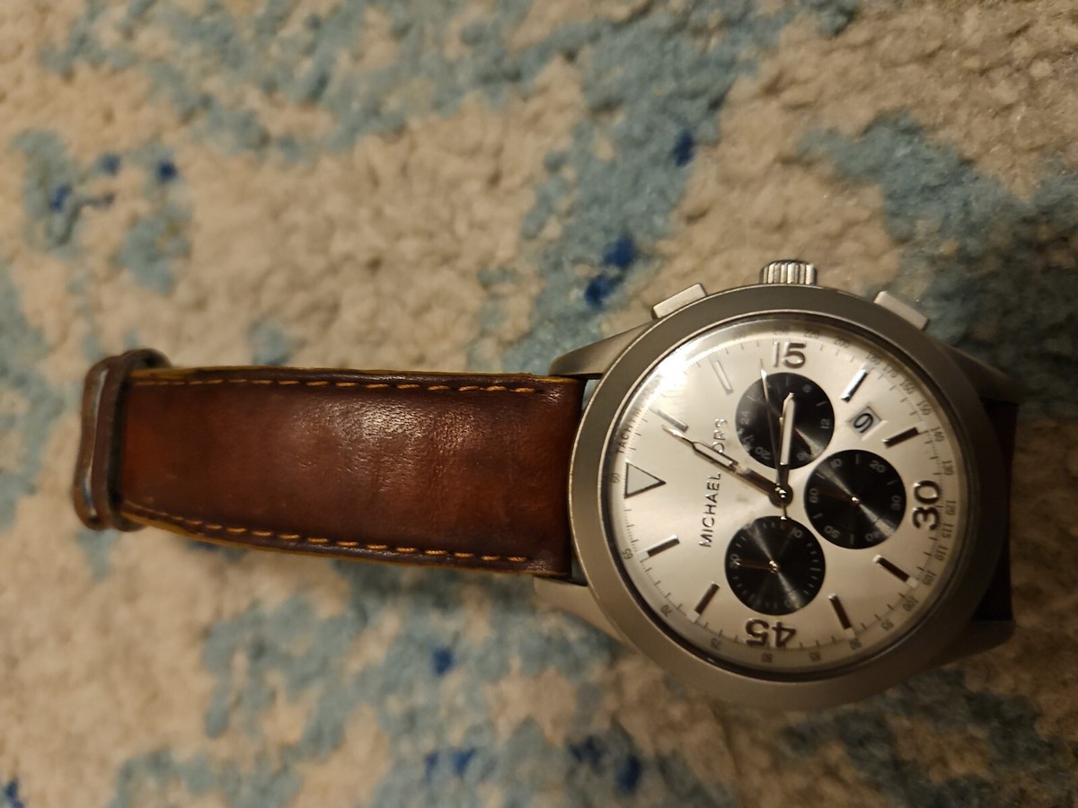 Michael Kors Silver Watch w  Brown Leather Strap New Authentic Michael Kors Gage Grey Brown Leather  main image 2