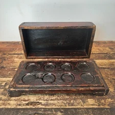 Antique Primitive Wooden Apothecary Box with 8 Wells & Lid