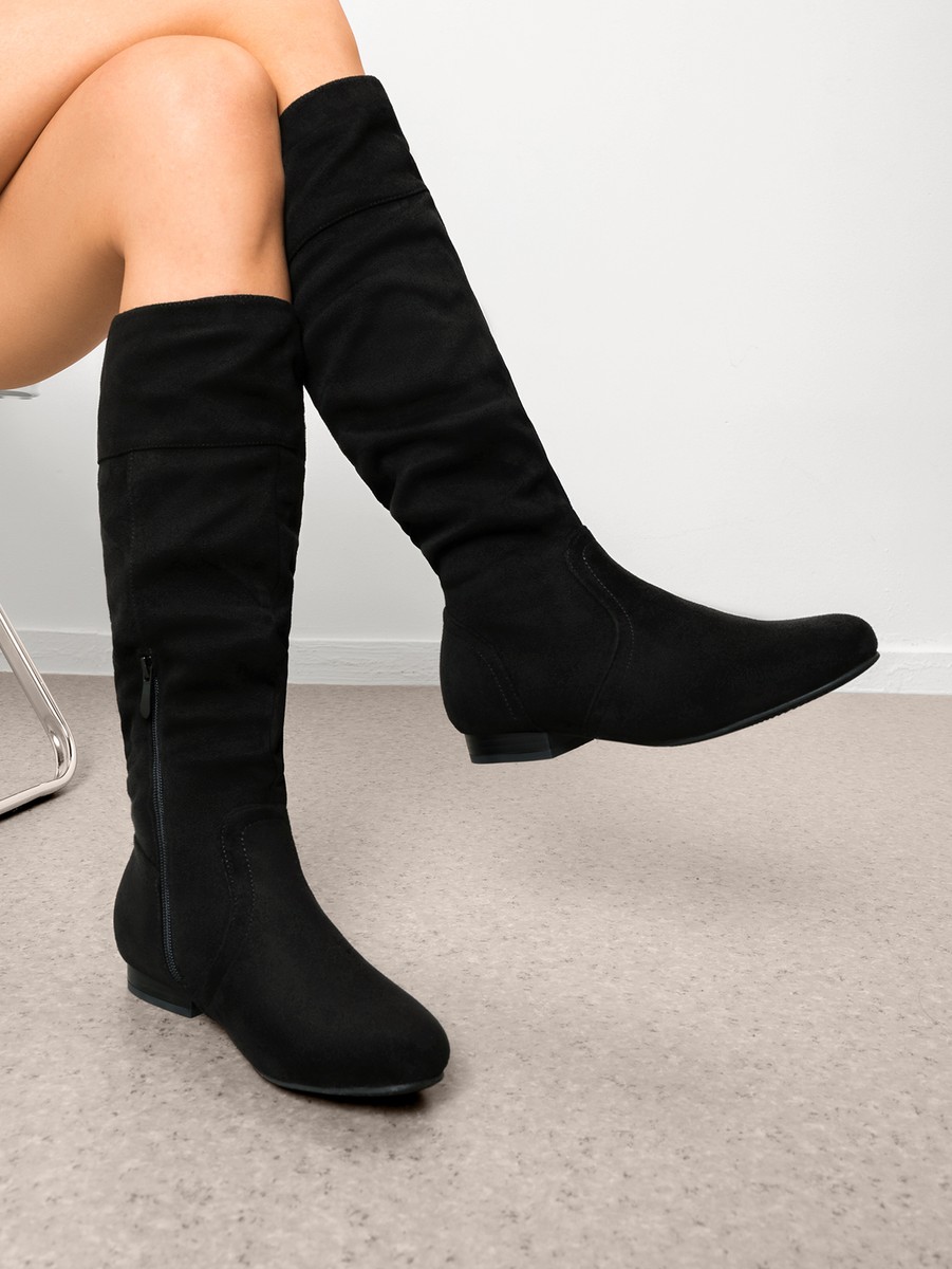 Black Knee Black Suede Flat Boots Keeper Flat Lace Back Knee Boots