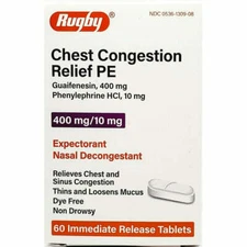 Rugby Chest Congestion Relief PE Guaifenesin & Phenylephrine 60 Tabs Exp 04-2026
