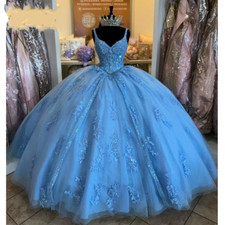 Sweet 16 Quinceanera Dresses Princess Beading Spaghetti Straps Blue Ball Gown