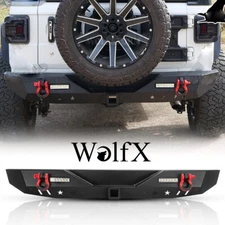 Powder-Coated Steel Rear Bumper For 2018-2025 Jeep Wrangler JL+LED Light+D-Rings