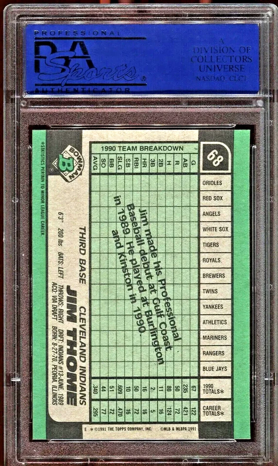 Tarjeta de novato Jim Thome 1991 Bowman #68 PSA9 como nueva Cleveland Indians RC HOF '91 Foto 2 de 2