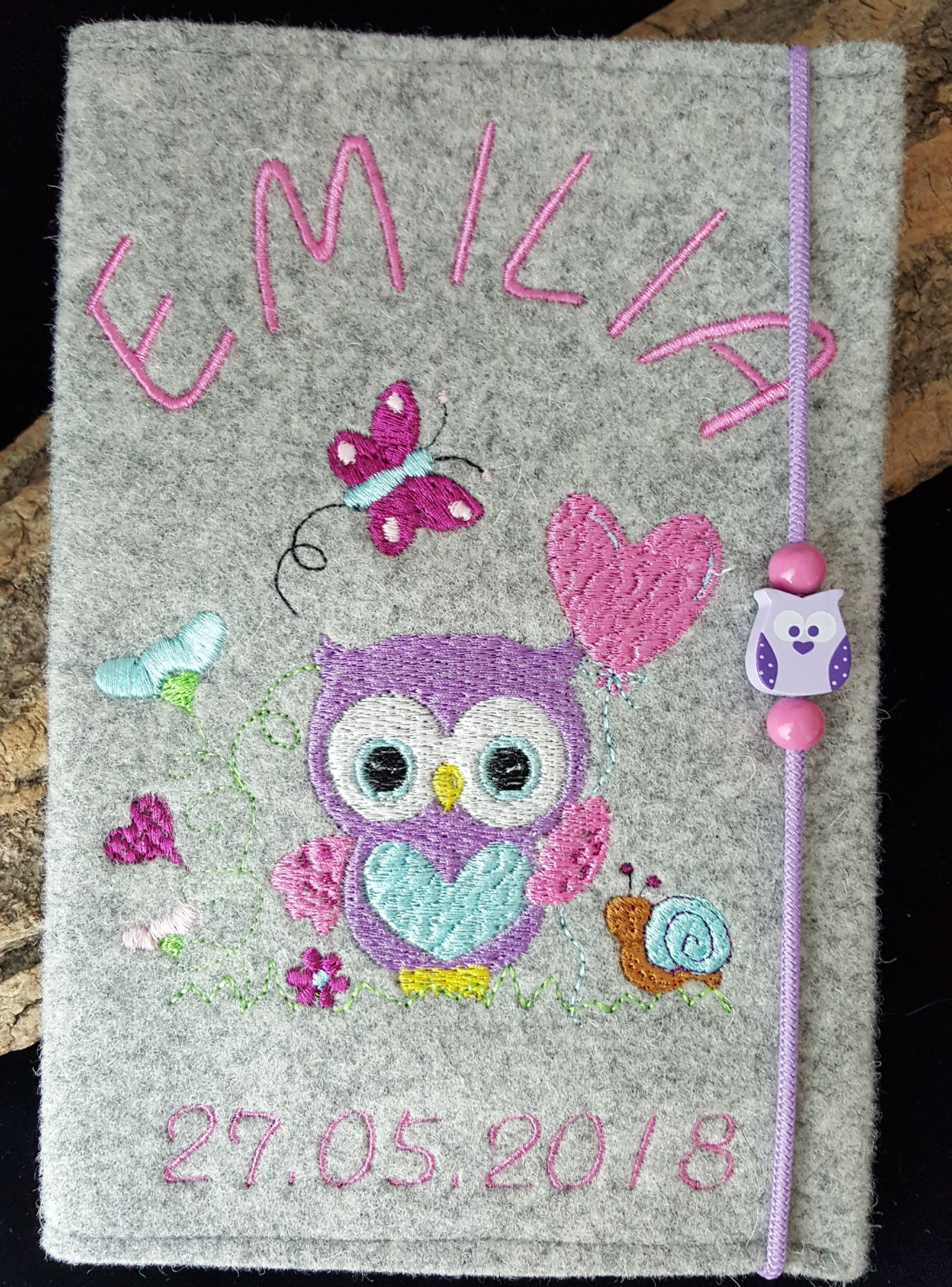 Wollfilz /Filz/ U-Heft Hülle/Schutzhülle Untersuchungshefthülle Namen Eule