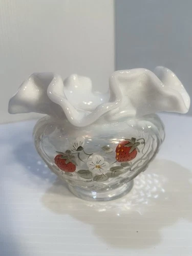 FENTON SIGNED OPALECENT STRAWBERRY SQUAT VASE SIGNED J. STEVENS