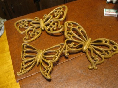 VTG 1970 s Homco Butterfly Wall Decor Set Of 3 Faux Rattan Bamboo Wicker Vintage