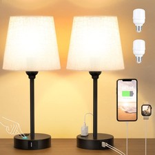 Bedside Table Lamps Set 2 for Bedroom - Dimmable Touch, USB C A, AC Outlet