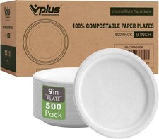 500 Pack 9 Inch Compostable Paper Plates Heavy Duty Sugarcane Biodegradable