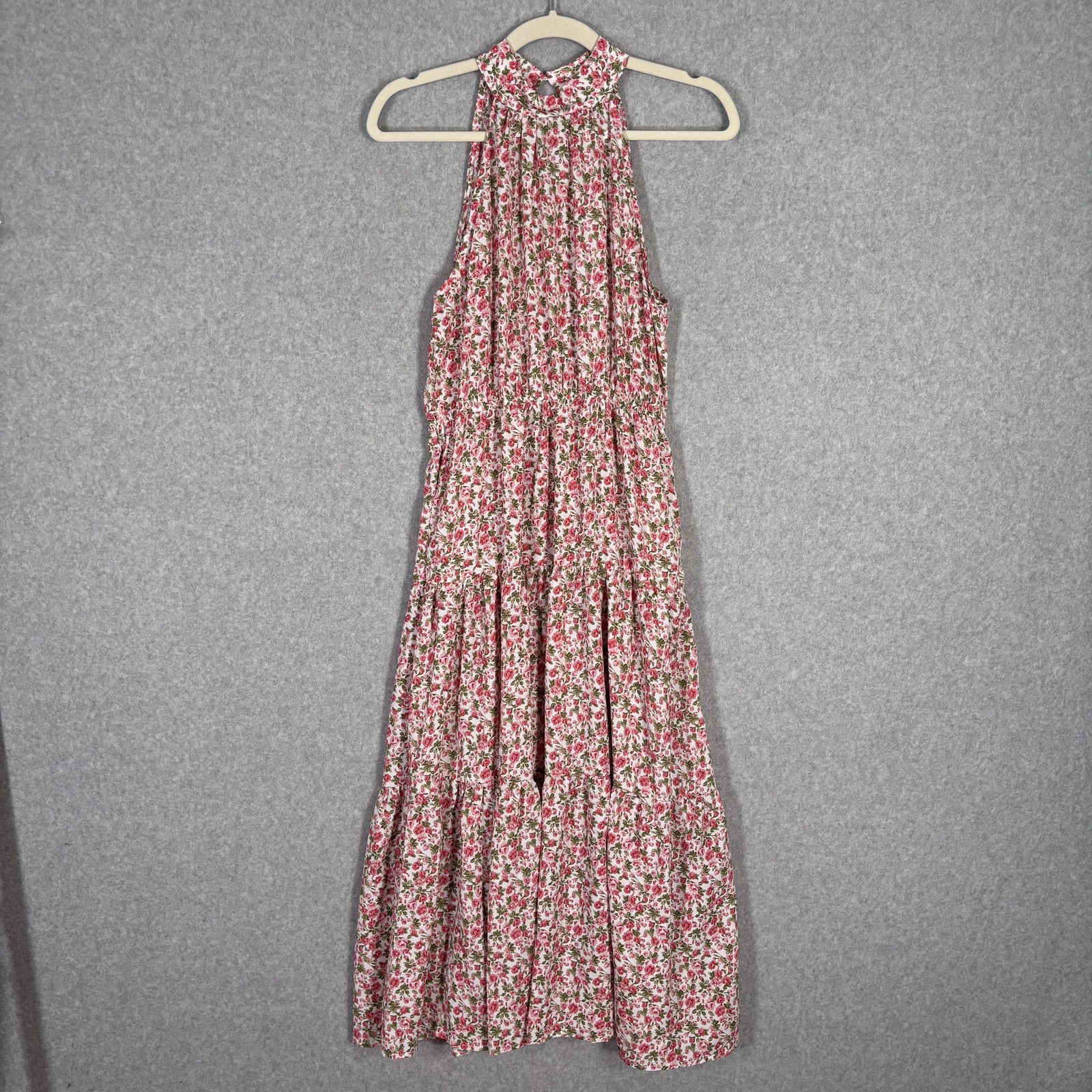 Tiered Cottage Dress Small Midi Pink Green Floral Boho Farmhouse Peasant Flowy