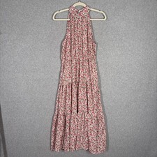 Tiered Cottage Dress Small Midi Pink Green Floral Boho Farmhouse Peasant Flowy