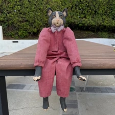 Vintage Whimsical Folk Art Cat Doll Sculpture Red Suit Bowtie Decorative Figure