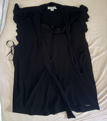 Calvin Klein Damen Bluse schwarz Gr. M Basic ärmellos Rüsche ohne Muster