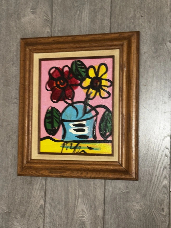 "Impresionante pintura floral moderna de Peter Keil - Marco de roble vintage 13""x15""" Foto 2 de 4