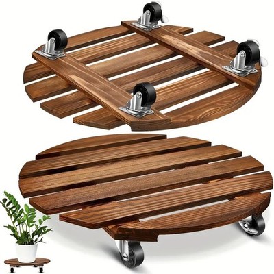 Wood Plant Dolly Stand 14'' Rolling 4 Wheels Heavy Duty Caddy Holder Patio Pot