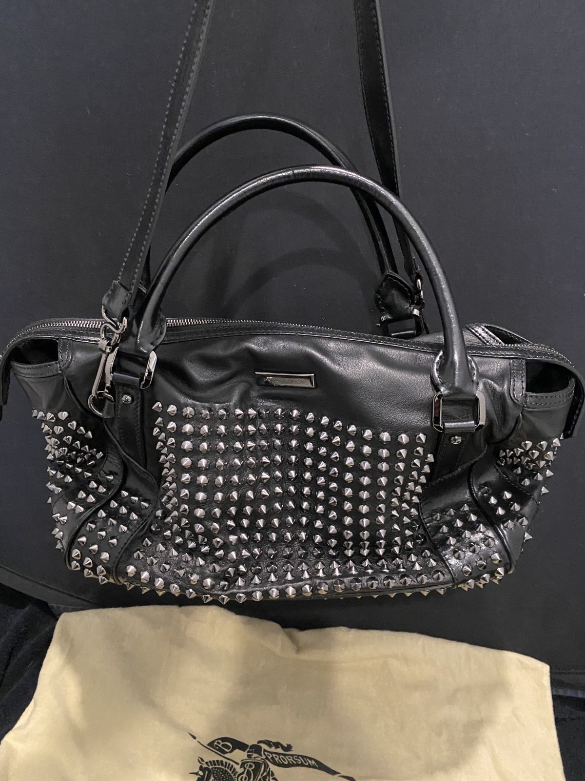 Burberry Prorsum Knight Studded Tote. Black Leather w/ shoulder and handstraps. thumbnail 5
