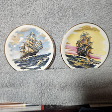 Antique Myott England Nautical Sailing Ship Plates Gold Rim Pair 1901-1921 Prist