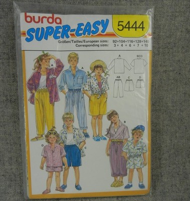 Burda 5444 Boys Girls Shirt Pants shorts pockets elastic waist size 3-10 Uncut
