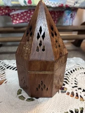 Tabletop Wood Incense Burner Cone Shape w/ Hinged Lid & Metal Tray for Cones