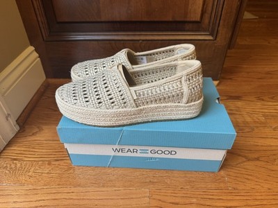 TOMS Valencia Platform Espadrille Women's Gold Crotchet Flats Casual 