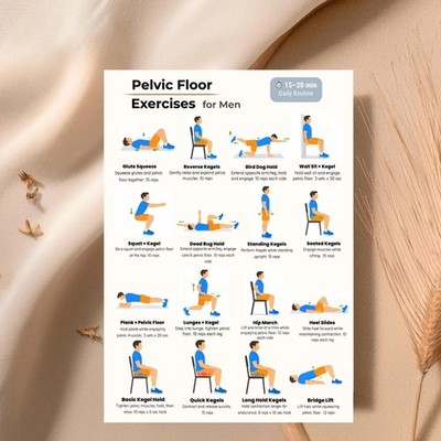 Kegel Exercises for Men Chart, Pelvic Floor Strength Guide, Home Fitness Poster