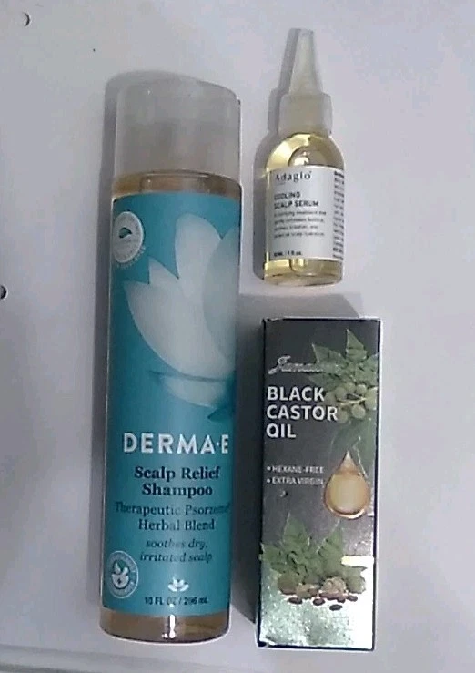 Hair Bundle: Derma-E Scalp Shampoo, Adagio Cooling Scalp Serum, & Blk Castor Oil