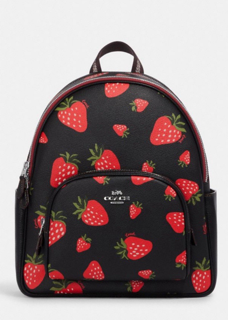 NWT Coach Court Backpack With Wild Strawberry Print Silver/Black