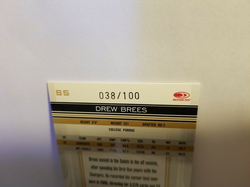 Drew Brees '06 Donruss #'d 38/100 Gridiron Gear O'S New Orleans Saints Karte #65 - Bild 6 von 6