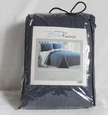 Bella Russo Queen 3 Piece Reversible Coverlet Quilt Set Navy Blue NEW 