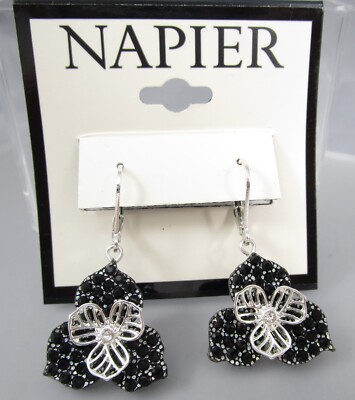 NWT NAPIER Dangling Leather Flower Black Silver Tone Leverback